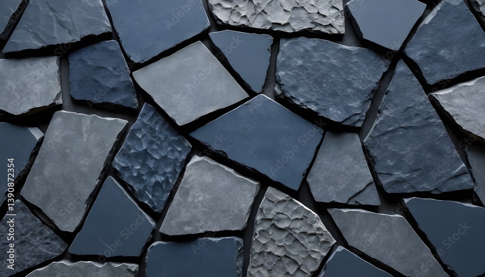 Poster dark blue stone texture, slate tiles, rough surface. natural stone pieces create depth, overlap. sop