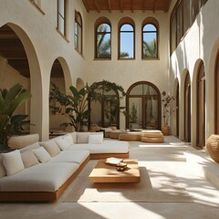 Luxurious Modern Patio Design L Shaped Sectional Sofa Wooden Coffee Table in a Sunlit Courtyard