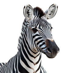 Zebra face shot isolated against a white background showing distinctive black and white stripes Generative AI