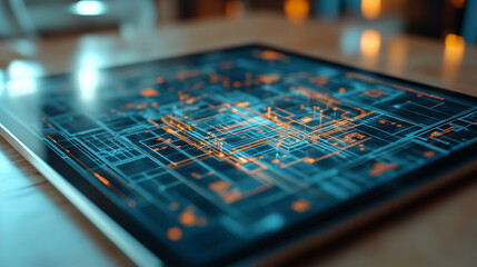 Closeup of a BIM model displayed on a large touchscreen tablet, showcasing detailed modern architecture elements and digital construction data, symbolizing smart building innovation.

