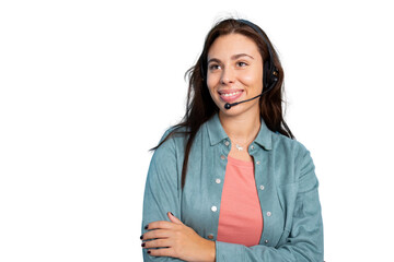 Confident female call center agent smiling while wearing headset, isolated on transparent background