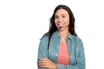 Confident female call center agent smiling while wearing headset, isolated on transparent background