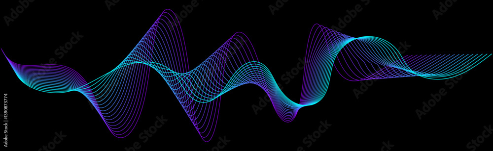 Poster Dynamic sound wave lines pattern flowing dynamic gradient smooth blue purple colors isolated on black background