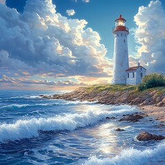 Naklejka premium A stunning lighthouse with crashing ocean waves high resolution HD wallpaper
