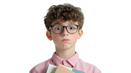 Young boy with surprised expression wearing glasses and holding books, isolated against a transparent background, looking startled.