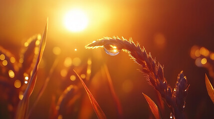 Dew drop forming on tip of grass blade at sunrise