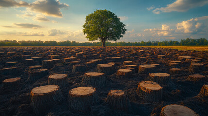 A single tree remains standing among countless stumps in a barren field, symbolizing resilience, hope, and survival amid destruction in the face of modern deforestation and business pressures.

