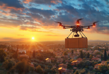Aerial drone carrying package over an urban cityscape rural, at sunrise, sunset. Urban technology and commerce concept fast delivery