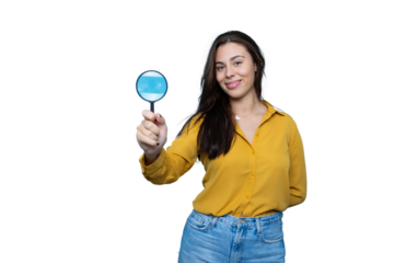 Young woman showing surgical mask reflection in magnifying glass on transparent background