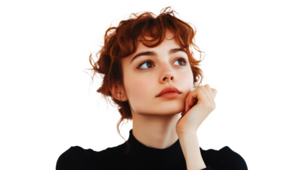 A woman with copper curly hair in a black turtleneck looking up and away thoughtfully. Her hand rests on her chin.