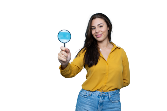 Young woman showing surgical mask reflection in magnifying glass on transparent background