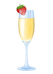glass of champagne with strawberry watercolor illustration png cut out