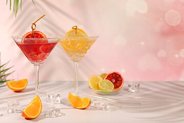 Martini cocktails with lemon and orange, ice cubes, rum and tequila. Summer party and holiday concept. Banner with alcoholic drinks and tropical fruits. Menu for a bar or cafe