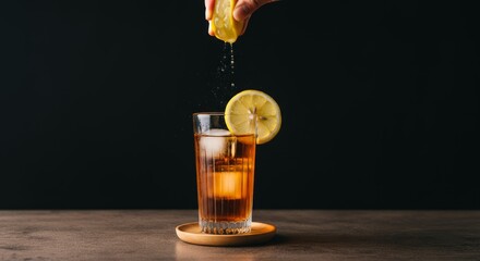 Refreshing iced tea with lemon squeeze on wooden coaster