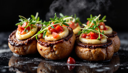 Grilled portobello mushrooms with sauces on dark background, haute cuisine