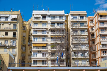 Street view with facade of buildings in the center of Thessaloniki, the second-largest city in Greece.