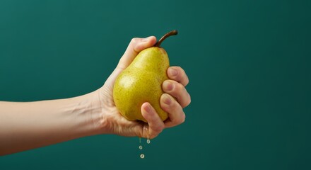 Hand squeezing juicy pear against green background