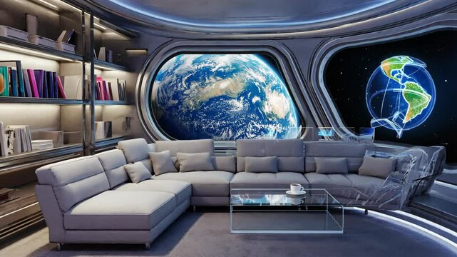 Futuristic space lounge interior with panoramic Earth view, cozy modern furniture, ambient lighting, bookshelf, and holographic globe &mdash; perfect for sci-fi, lifestyle, and advanced living concepts.