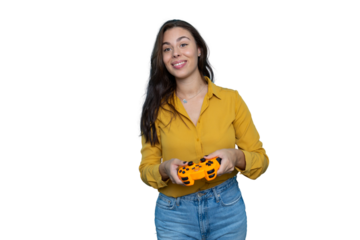 Young woman smiling, gripping orange video game controller against transparent backdrop