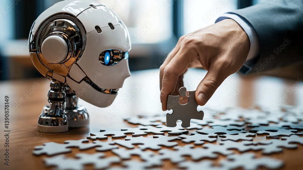 Poster robot artificial intelligence ai solving puzzle automation technology connection concept 100