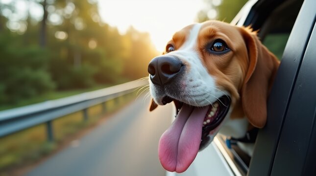 Close-up of an excited beagle sticking its nose out of a car window