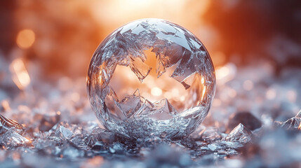 A shattered globe in white, gold, and silver lies in fragments, symbolizing global fragility, modern crises, broken unity, and the delicate state of international relationships and peace.

