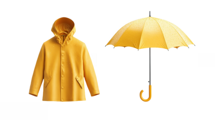Yellow raincoat alongside a matching umbrella isolated on a transparent background