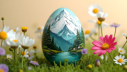 Highly detailed photo of an Easter egg decorated with a delicate painting of a mountain landscape, on a light beige background with muted tones. 