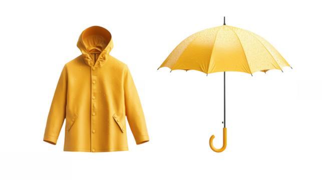 Yellow raincoat alongside a matching umbrella isolated on a transparent background - Powered by Adobe