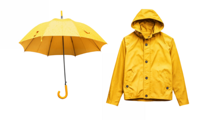 Yellow raincoat alongside a matching umbrella isolated on a transparent background