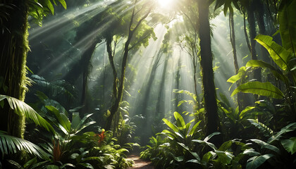 Sunbeams Illuminate Lush Tropical Rainforest Path