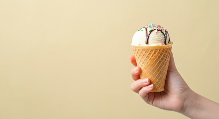 Hand holding ice cream cone with sprinkles on light background