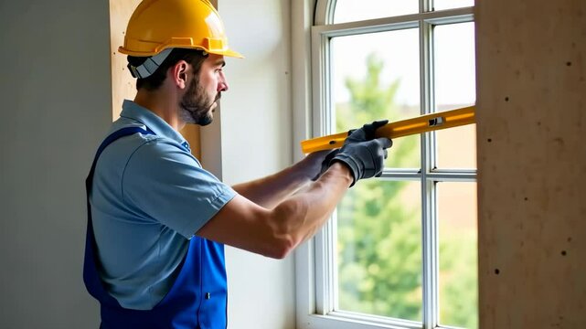 male worker checking window opening level with bubble level, house construction and window installation