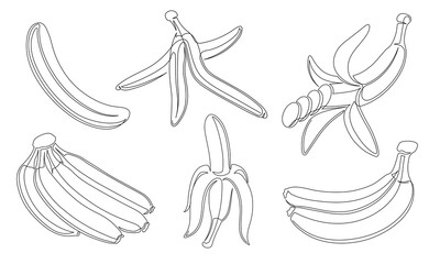 Banana continuous one line drawing icon set. Editable stroke. Outline bananas fruit collections isolated on a white background. Vector illustration