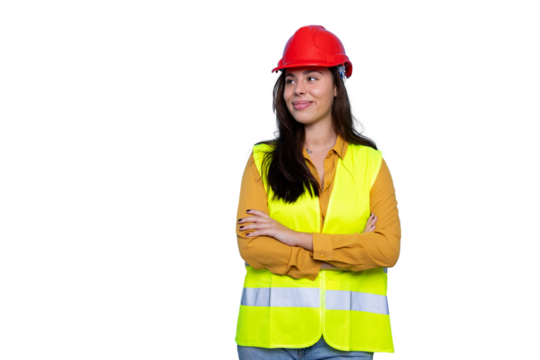 Young woman architect smiling and looking away, wearing safety equipment, with arms crossed on transparent background