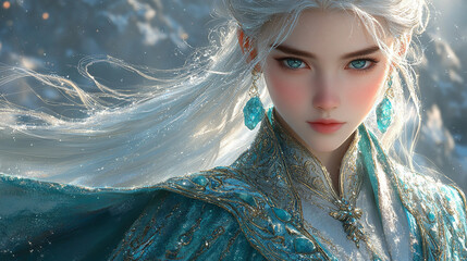 A stunning portrait of a graceful girl in a turquoise gown with geodes and an open back. Her white slicked-back hair and long lashes highlight her modern beauty.

