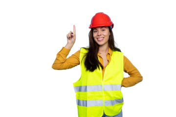 Female architect wearing safety vest, pointing upward, signaling number one with index finger