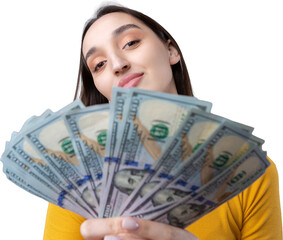 Photo of a wealthy woman in simple clothes holding a fan of dollar money isolated against a...