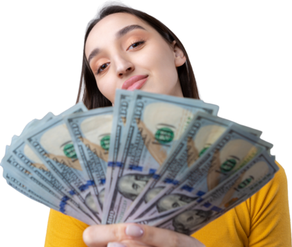 Photo of a wealthy woman in simple clothes holding a fan of dollar money isolated against a concrete wall background - Powered by Adobe