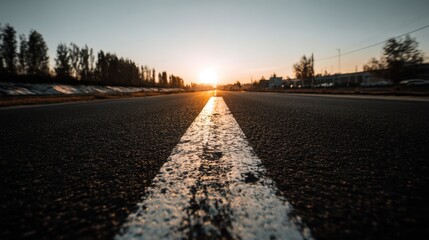 black asphalt road and white dividing lines at sun.