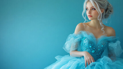 A stunning portrait of a graceful girl in a turquoise gown with geodes and an open back. Her white slicked-back hair and long lashes highlight her modern beauty.

