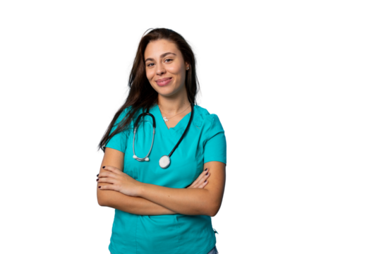 Confident female doctor standing with crossed arms, radiating medical expertise against transparent backdrop