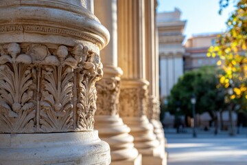 Fototapeta premium Close-up of beautifully detailed columns with floral motifs, surrounded by natural elements, blending classical architecture with organic forms in harmony.