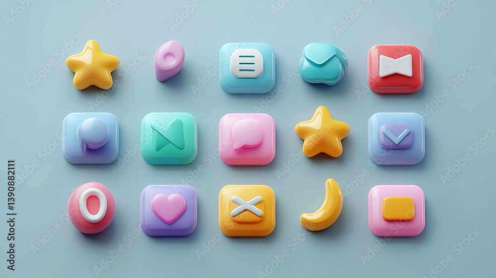 Poster colorful cartoon app icons set vector graphic design for ui ux interface and mobile application desi
