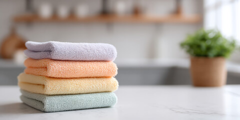 Multicolored microfiber cloths on kitchen countertop in kitchen interior. Reusable cloths for surface cleaning