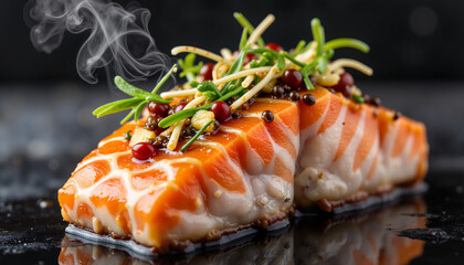 Glistening honey-garlic glazed salmon on dark plate, culinary artistry
