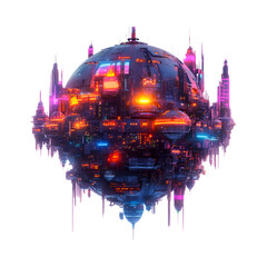 A Digital Floating Alien City Made of Geometric Shapes Isolated on Transparent Background