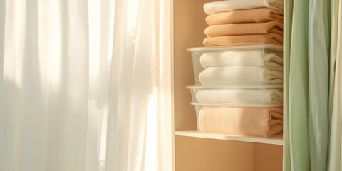 Open closet with plastic clear containers with stacks of clothes. Organization of clothes storage.