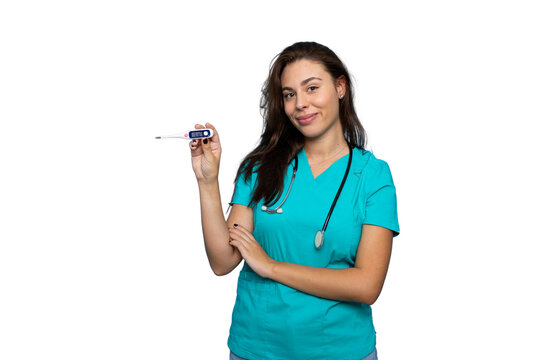 Smiling female doctor in turquoise uniform showing electronic thermometer with transparent background