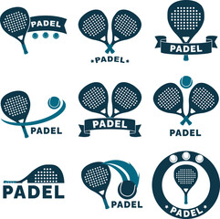 Padel tennis rackets and balls sporting club logos representing dynamic action